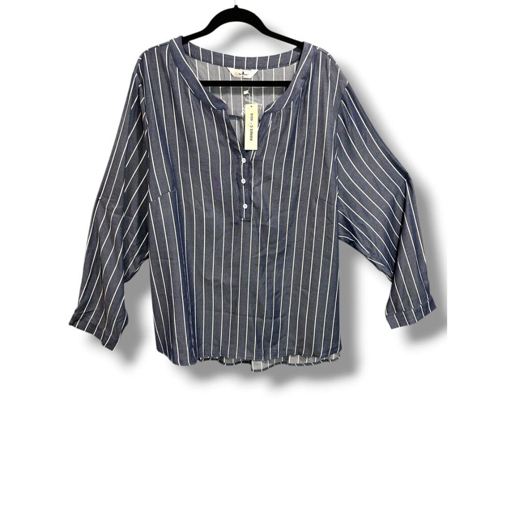 4X Agnes Orinda New Womens Plus Size Blue White Stripe Pullover Shirt